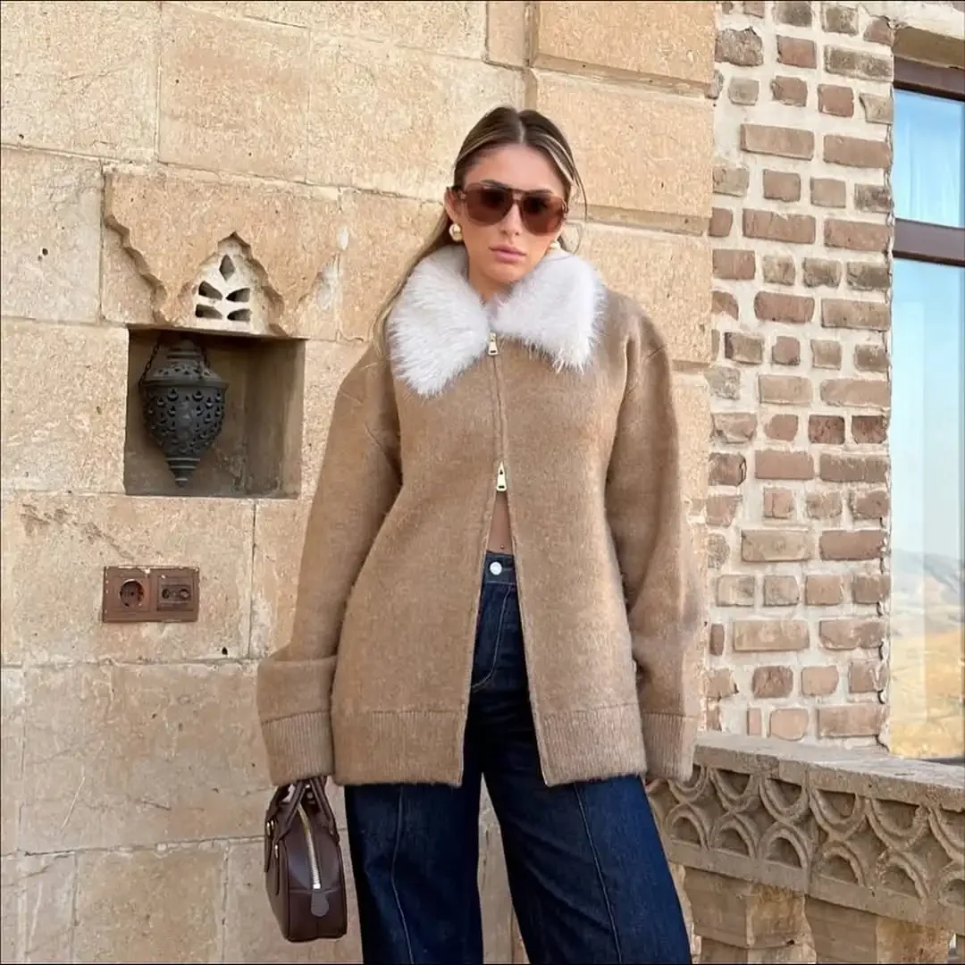 سترة قصيرة بياقة من الفرو غير رسمية للنساء بأكمام كاملة وأكتاف منسدلة وسحاب في اتجاهين معطف فضفاض للسيدات ملابس يومية جديدة للتنقل #3