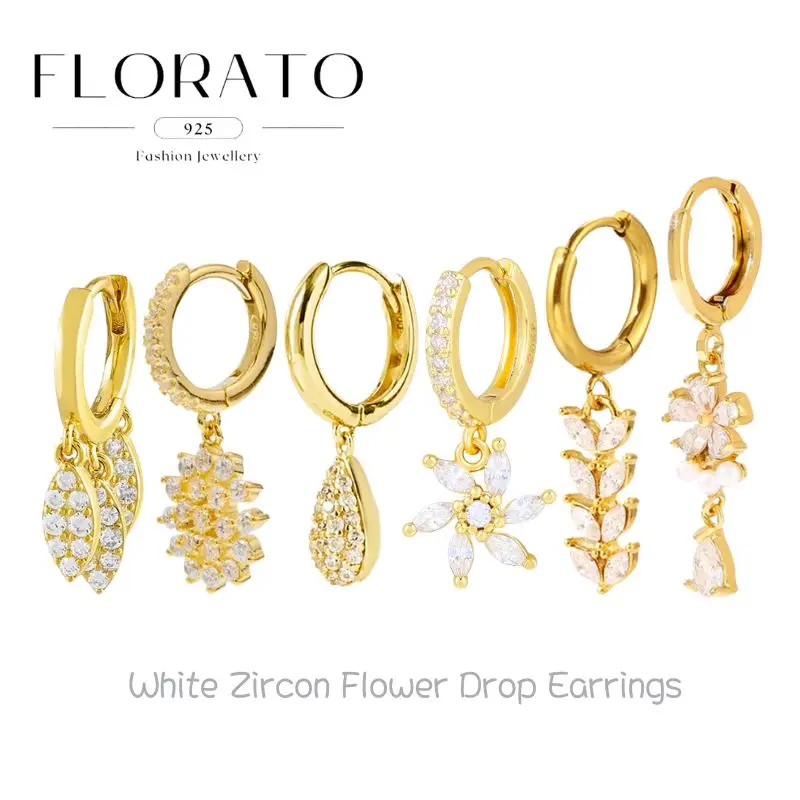 

2026 New 925 Silver Needle Flower Shape White Zircon Pendant Hoop Earrings Luxurious Crystal Party Earrings Fashion Jewelry Gift