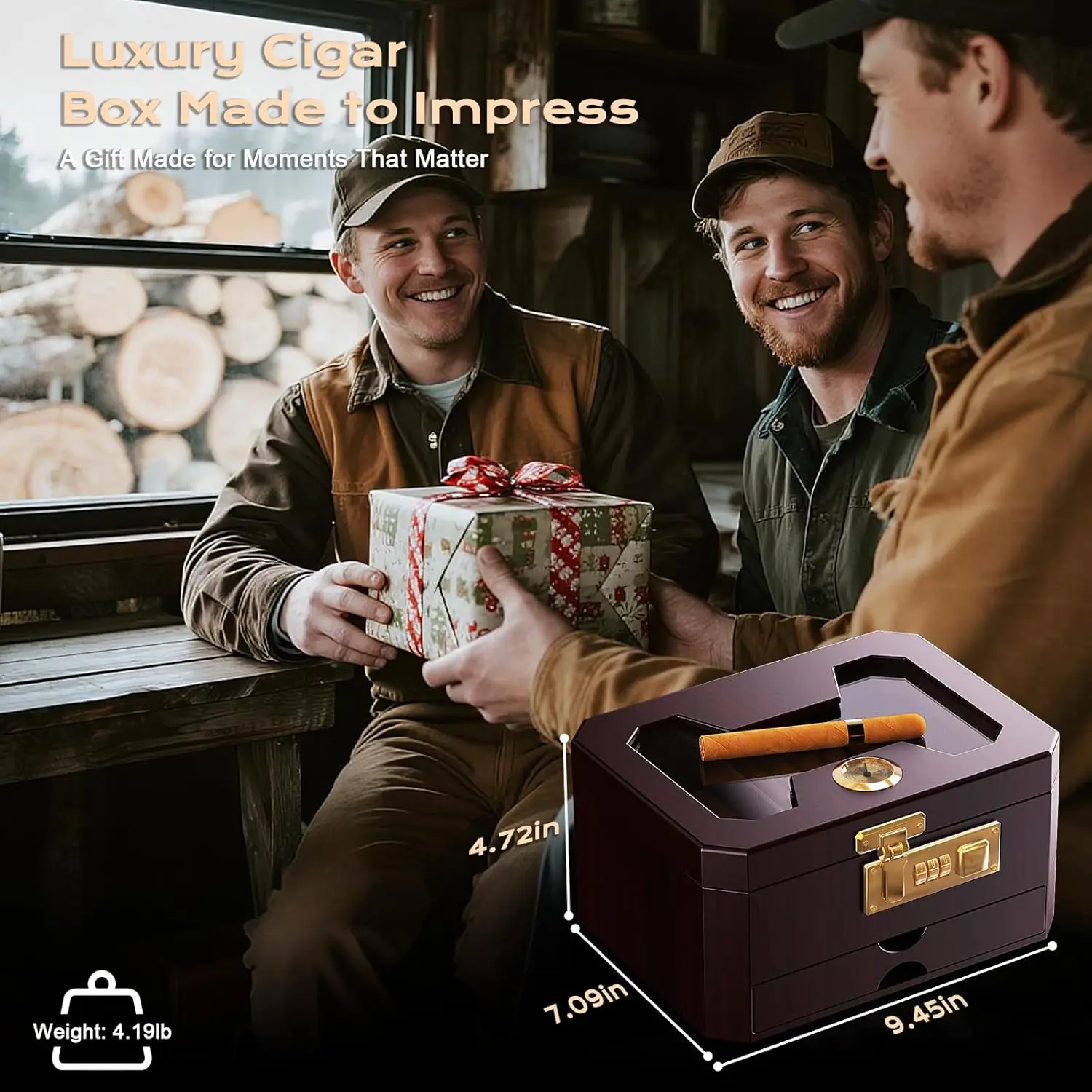 Zedernholz-Zigarrenhumidor für den Schreibtisch mit Schloss, Glasdeckel, Hygrometer & Zubehörschublade - Komplettes Zigarren-Geschenkset für Männer