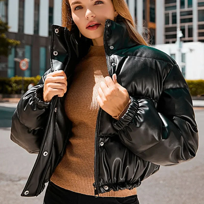 Fashion Warm Thick PU Leather Coat Women 2024 Winter Short Parka Fashion Cotton Padded Lady Jacket Elegant Zipper Clothe Outwear