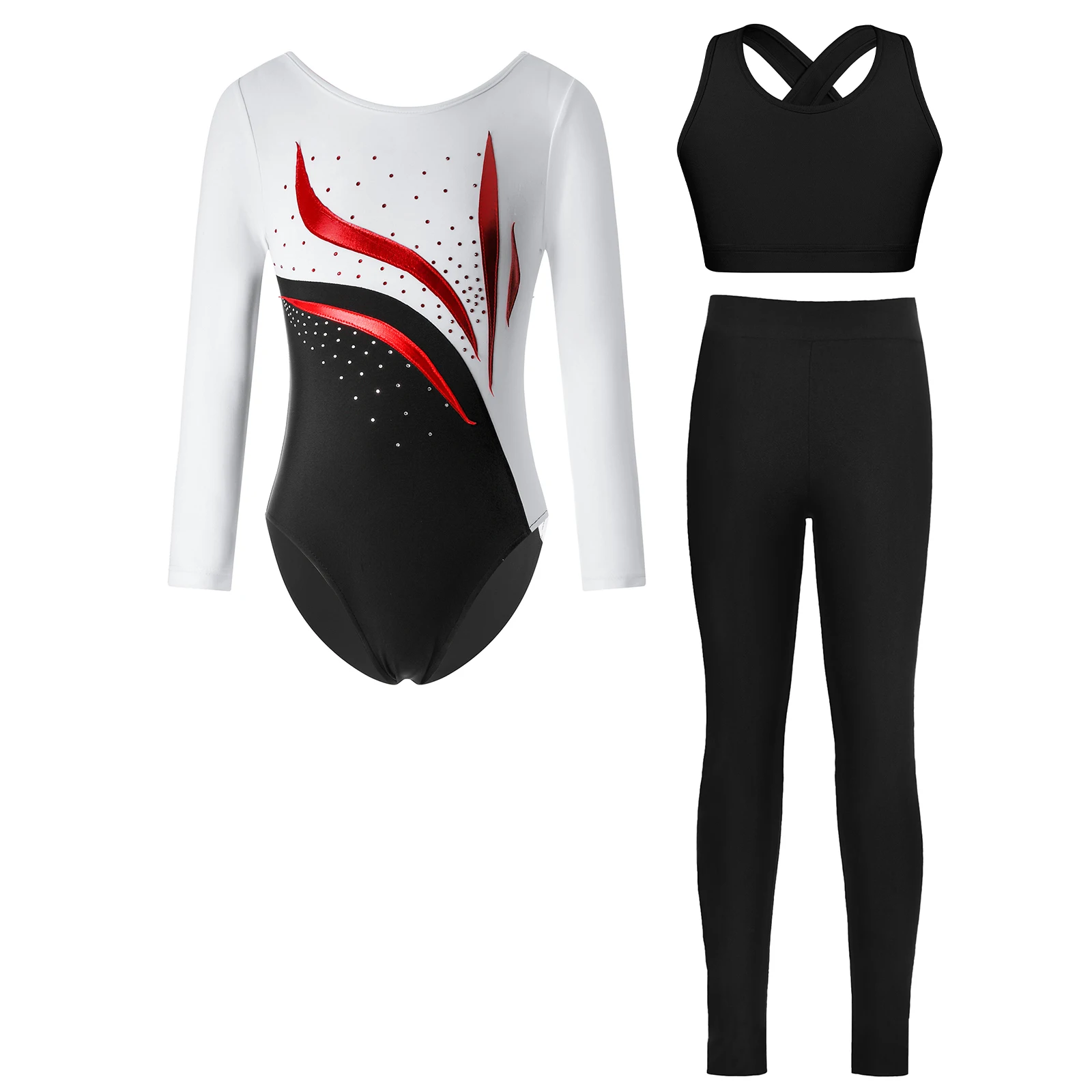 3 uds niños niñas gimnasia patinaje artístico traje de baile leotardo de manga larga con diamantes de imitación brillantes + chaleco con espalda recortada cruzada Top + Leggings