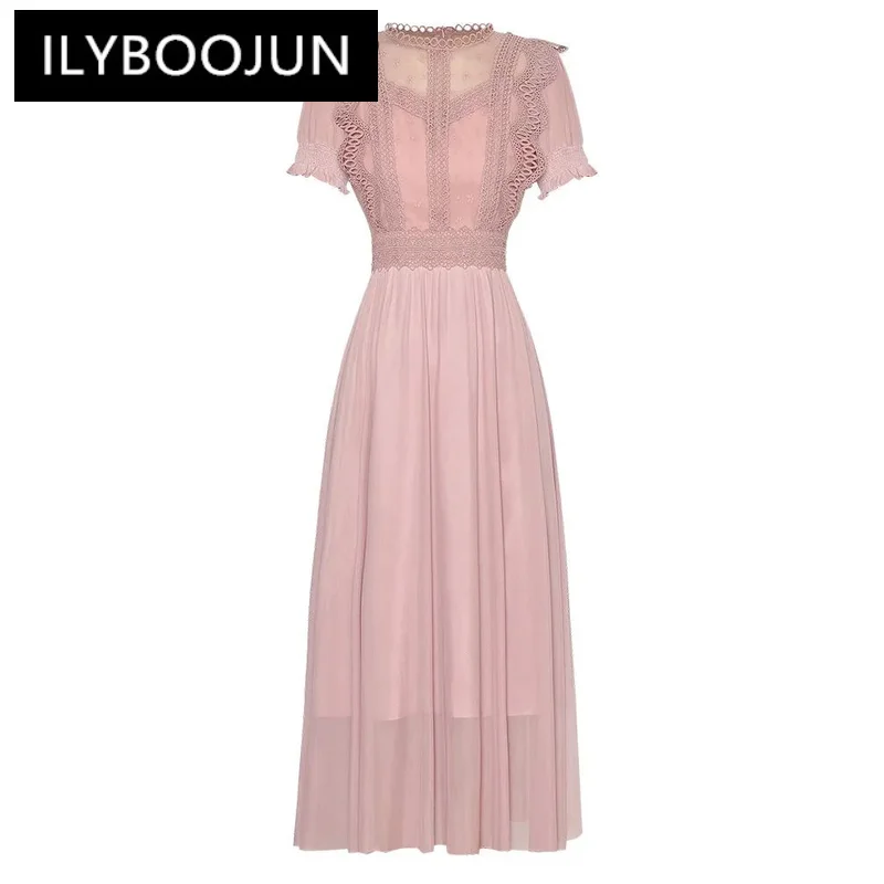 

ILYBOOJUN Fashion Designer High Quality Women Dress Vintage Temperament Embroidery Hollow Out Net Yarn Puff Sleeve Dresses