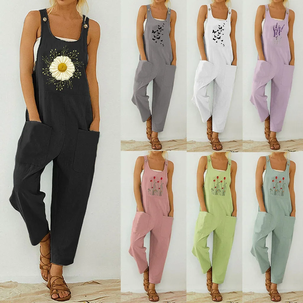 

Women Jumpsuits Overalls Sleeveless Slash Neck Print Floral Pencil Pants Streetwear Casual Flat Loose Pockets Backless