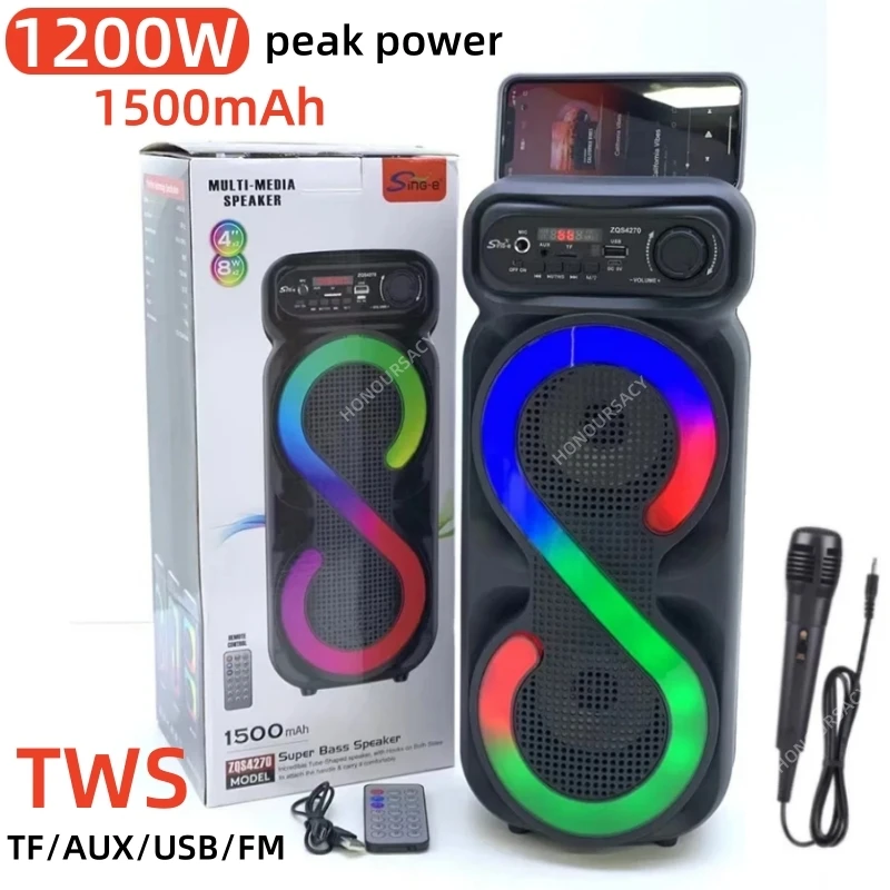 Peak Power 1200W Wireless Bluetooth Speaker with MIC LED Color Light Outdoor Portable Player Stereo Surround Sound System TWS/FM