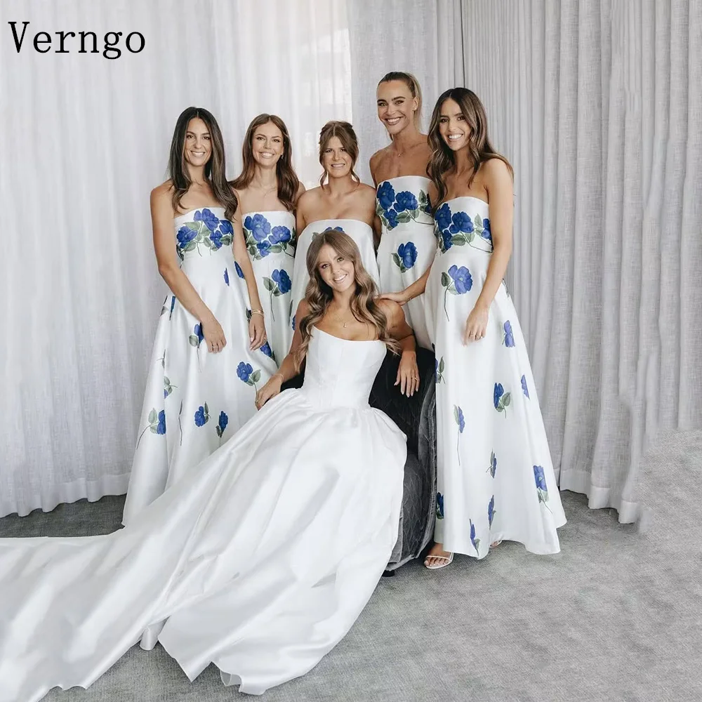 Verngo Flowers Printed Satin Bridaemaid Dress Strapless A Line Wedding Party Dress Maxi Sister Party Dresses Customized