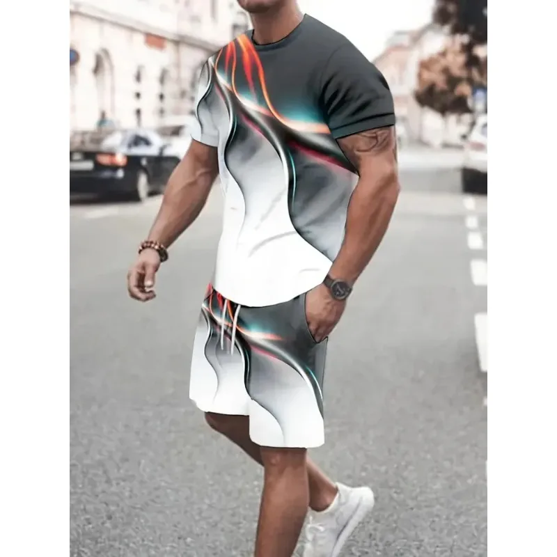 2025 Summer Creative 3D Printed Trendy Casual Men's Short Sleeved Shorts Set Beach Vacation Casual Wear