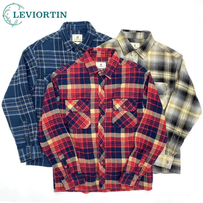 Men's Checkered Shirt with Chest Pocket Autumn Winter Cotton Brushed Thick Warm Plaid Long Sleeved Loose Flannel Shirt Jacket