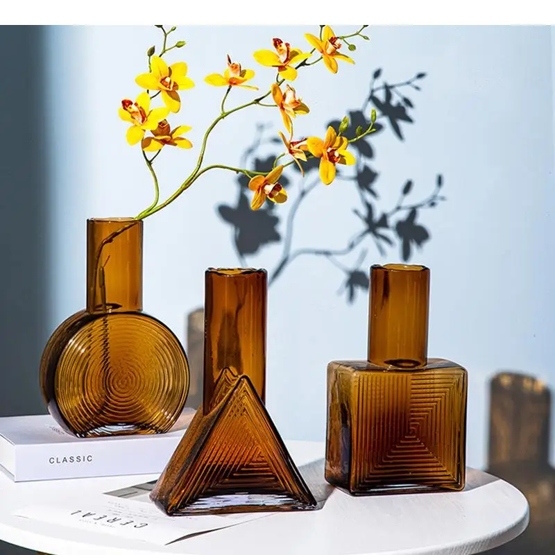 Geometric Shape Relief Glass Vase Transparent Hydroponics Flower Pots Decorative Arrangement Desk Decoration Floral Vases