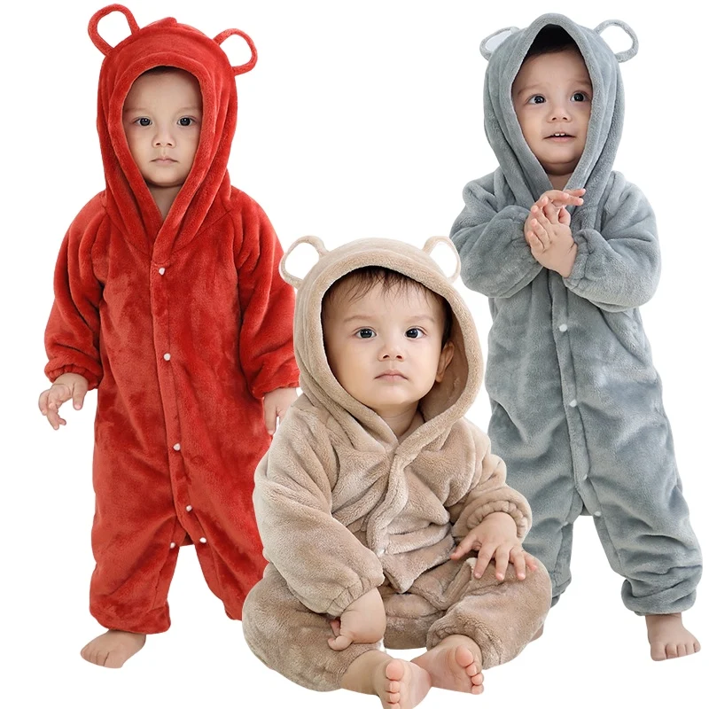 

Baby Pajama Flannel Romper Children's Bear Jumpsuit Hoodie Solid Color Super Soft Single Breasted Winter Clothes for Newborns