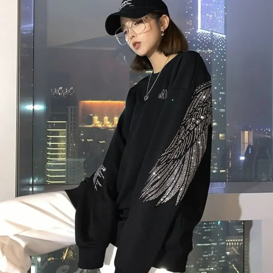 Tees Graphic Glitter Female Tops Loose Tshirts Rhinestone Hoodies Women's T Shirts Black Clothes Sequin Aesthetic Pulovers Goth