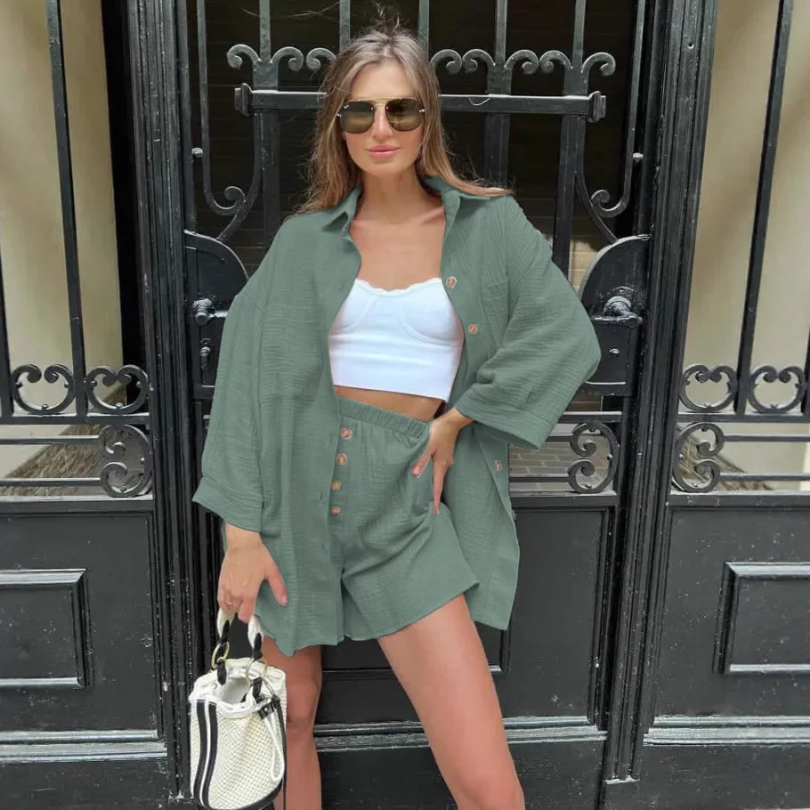 Lässige Eleganz, offene Strickjacke, Oberteil mit Knöpfen und Orts-Set, langes Sve Ne-Zweiteiler-Set, Sommer-Faion-Damen-Ensemble