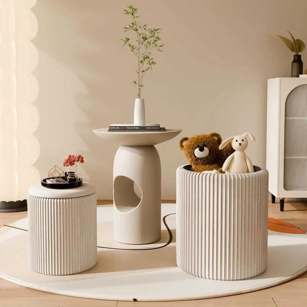 

Ottoman with Storage Set o 2, Velvet Round Storage Ottoman, Upholstered Sponge Vanity Stool Support 300lbs, Multiunctional Coee