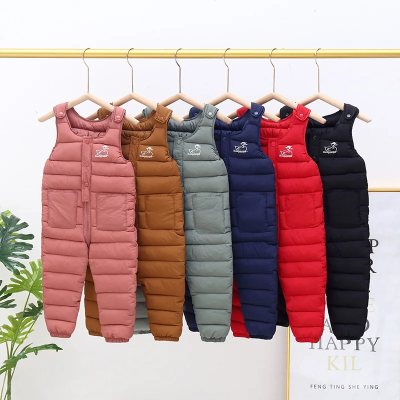 2024 New Children's Down Cotton Strap Pants Boys and Girls Baby Warm Jumpsuit Outdoor Sports Pants Infant Ski Pants 0-5Y