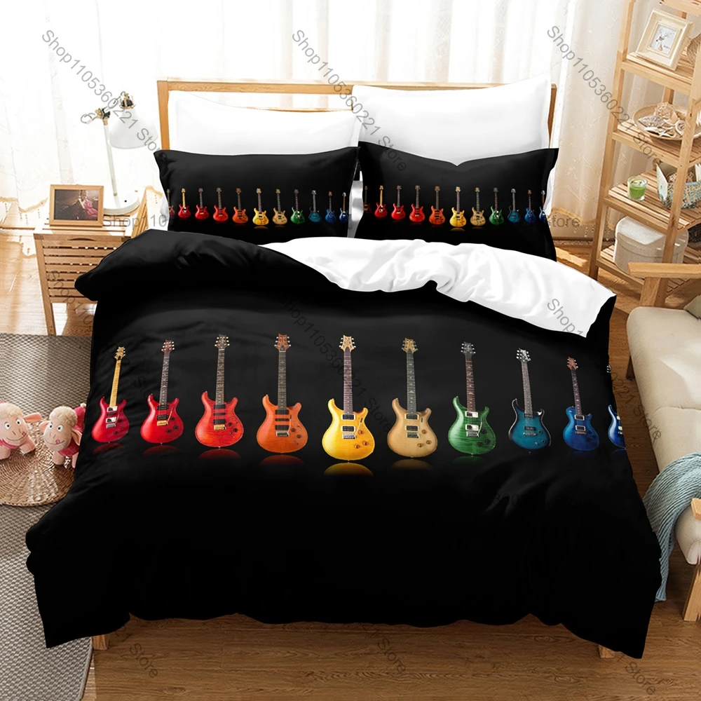 Vintage Acoustic Electric Guitar Rock Music Art HD Print Bedding Set Duvet Cover + 2 Pillowcases Polyester Music Room Decor