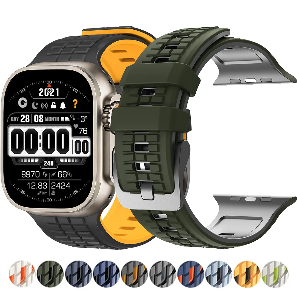 Block Pattern Silicone Strap for Apple Watch Ultra 2 3 49mm Two-tone Soft Sports Band for IWatch SE 5 6 7 8 9 10 11 44 45mm 46mm