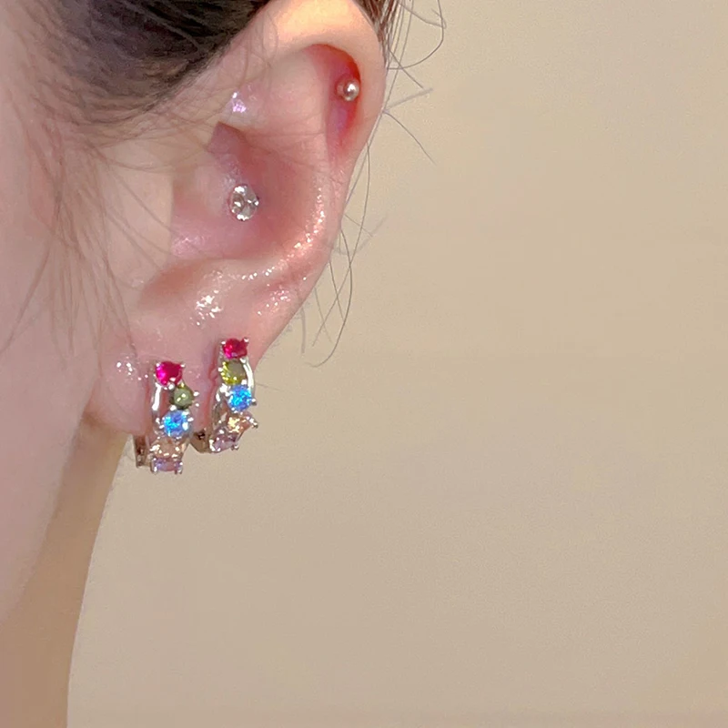 1Pair Korean Fashion Vintage Colorful Rhinestone Hoop Earrings For Women Aesthetic Jewelry Chic Wedding Party Accessories