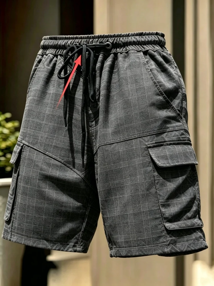 Men Dark Grey Vintage Plaid Multi Flap Pocket Cargo Shorts Elastic Drawstring Waist Business Casual Shorts