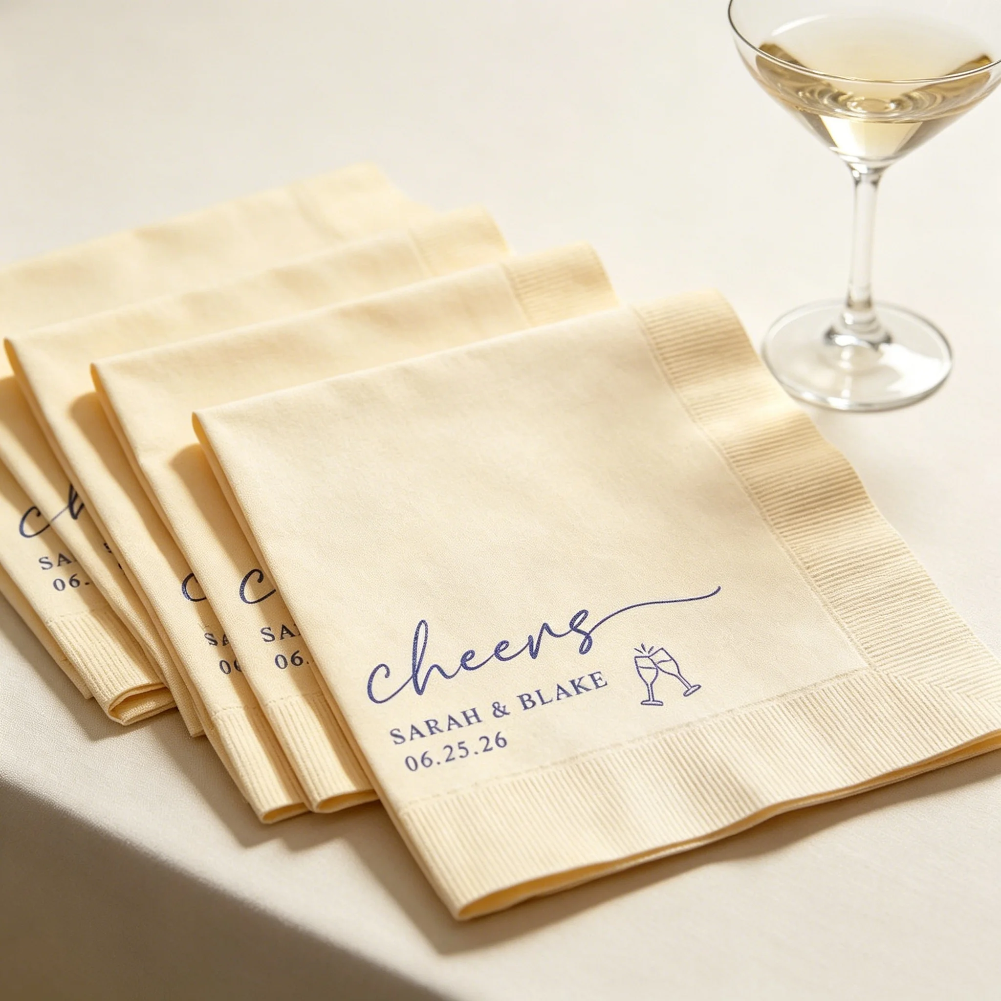 

50pcs Custom "Cheers" Wedding Cocktail Napkins - Personalized Couple Names & Date Printed Disposable Beverage Napkins for Weddin