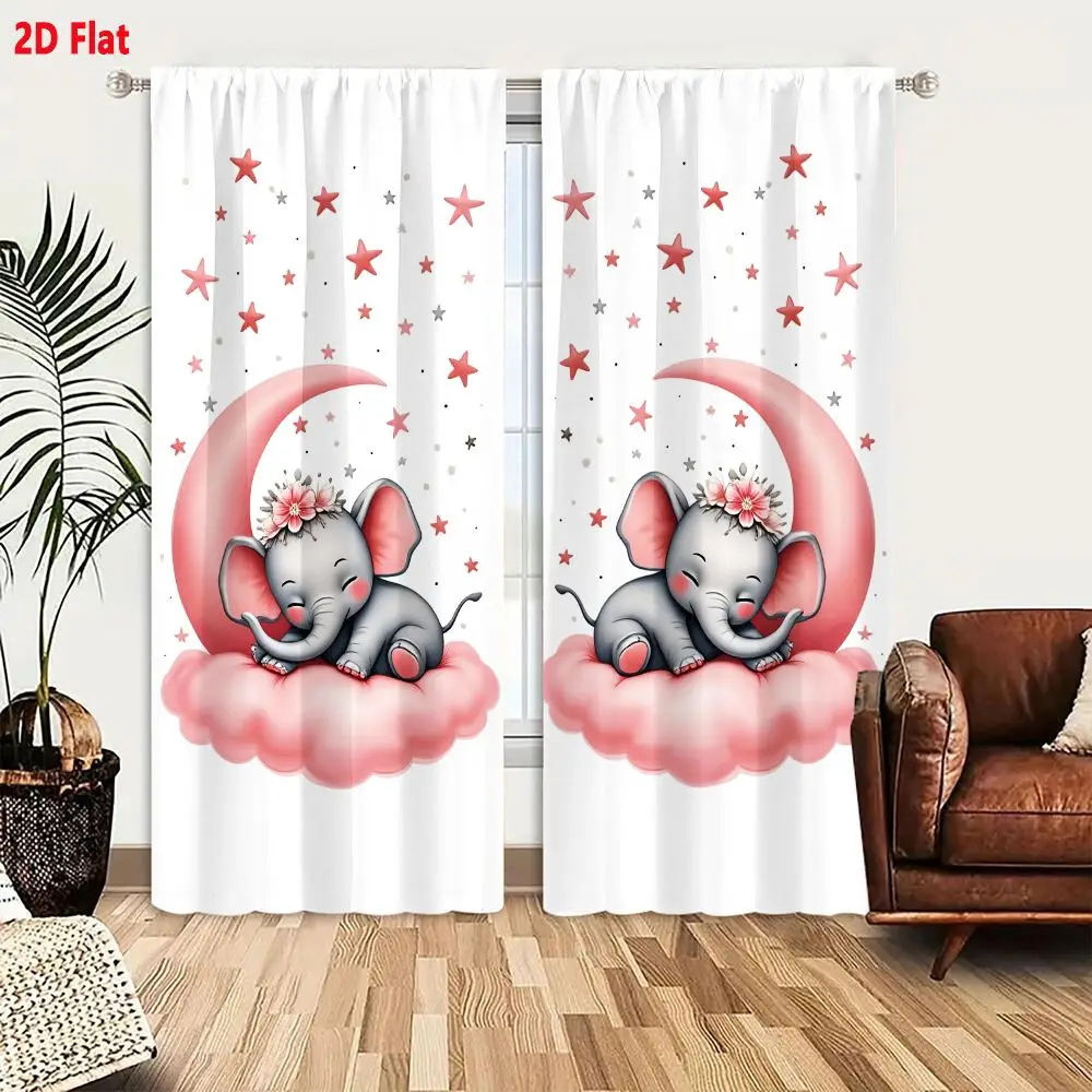 2Pcs Curtains 2D Flat Cute Baby Elephant Sleeping On Pink Cloud With Flower Crown And Moon Stars Nursery Art Window Drapes for B