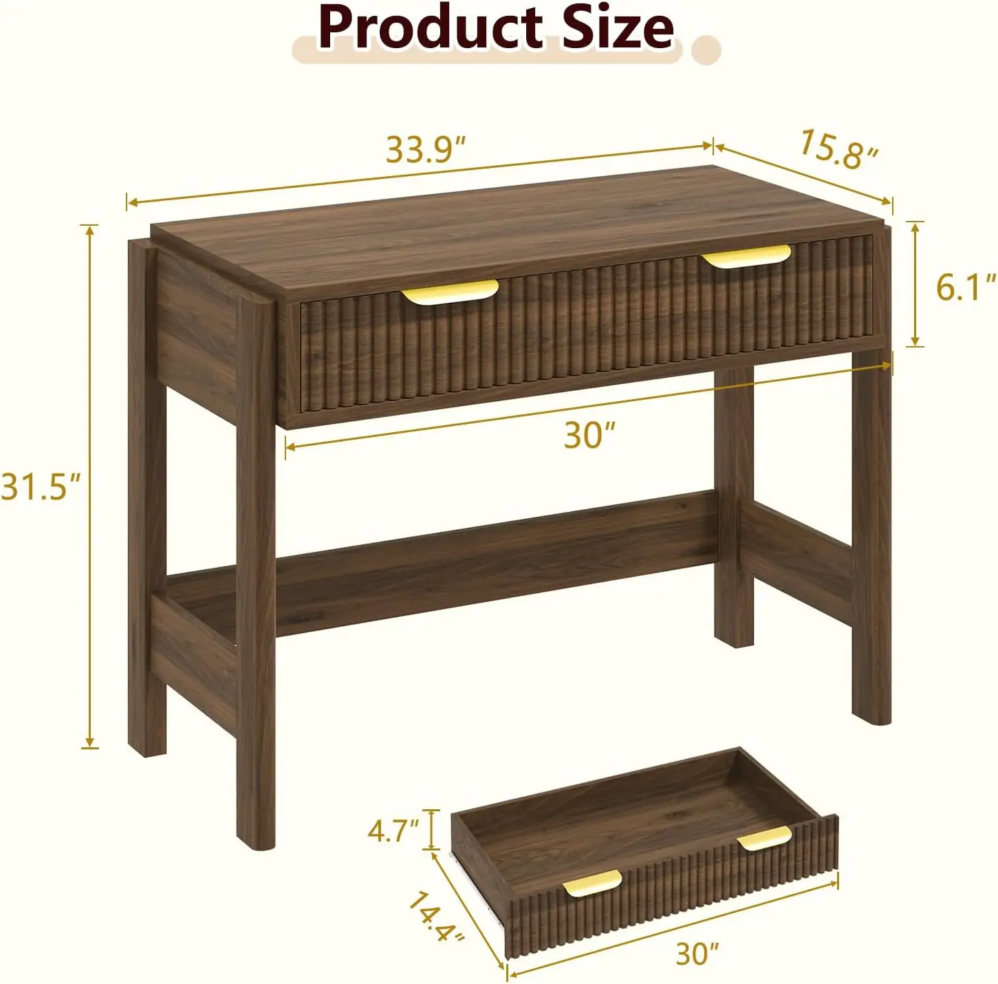 34 Inch Small Fluted Computer Desk with Drawer for Bedroom, Home Office