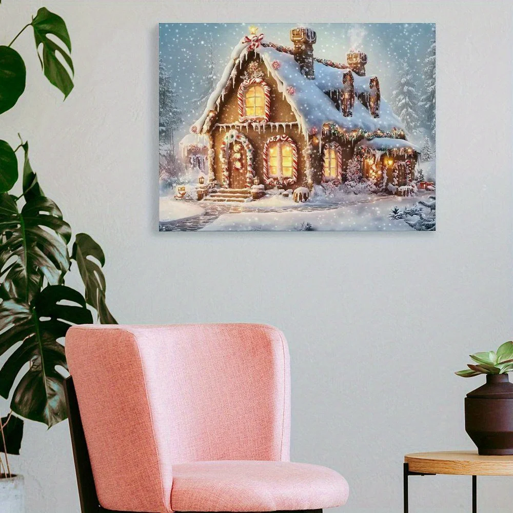 1PC Christmas Landscape Canvas Rustic Cottage Christmas Snow Village Mural Decoration Bedroom Living Room Dining Room Framed