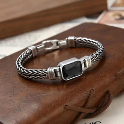 HX Silver Color Couple Style Hand-Knitted Bracelet Old Vintage Black Stone Men Personalized Versatile 5MM Chain Fashion Jewelry