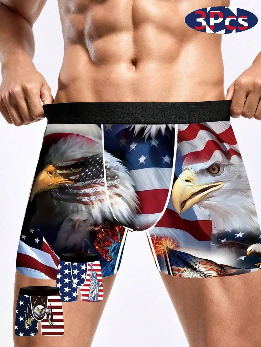 3pcs Patriotic Eagle American Flag Print Mens Breathable Briefs Underwear