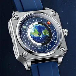 New Men's Watch Creative Cool Big Dial Moon Earth Star Sky Silicone Steel Band Quartz Watch