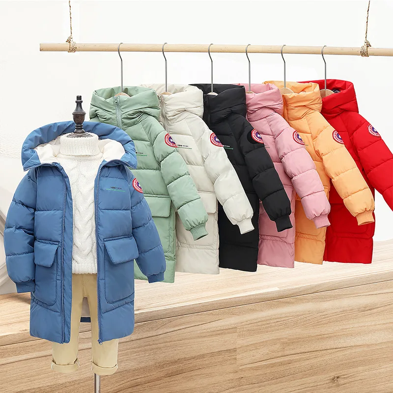 

Winter teen Boys girls Jacket Long Style Solid Color Thick Keep Warm Hooded Windbreaker For 3-10 Years Kids Down Cotton Outwear