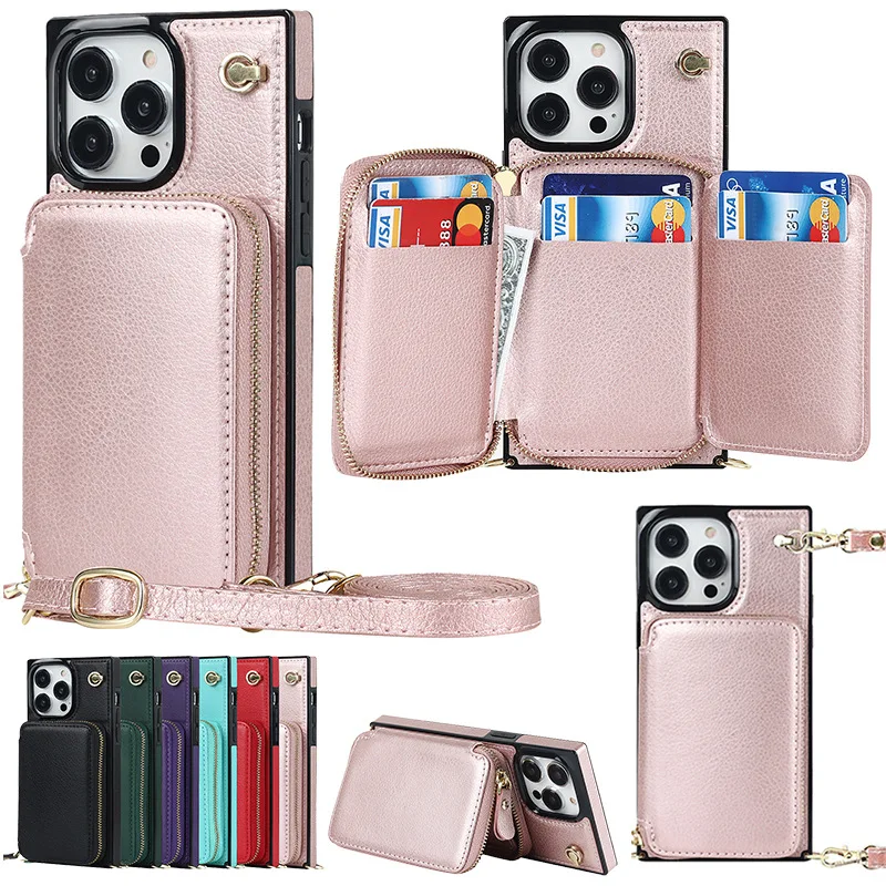 Zipper Wallet Shoulder Strap Case for iPhone 16 Pro Max 14 13 12 11 15 Pro Max 16 Plus Leather Card Pocket Lanyard Cover
