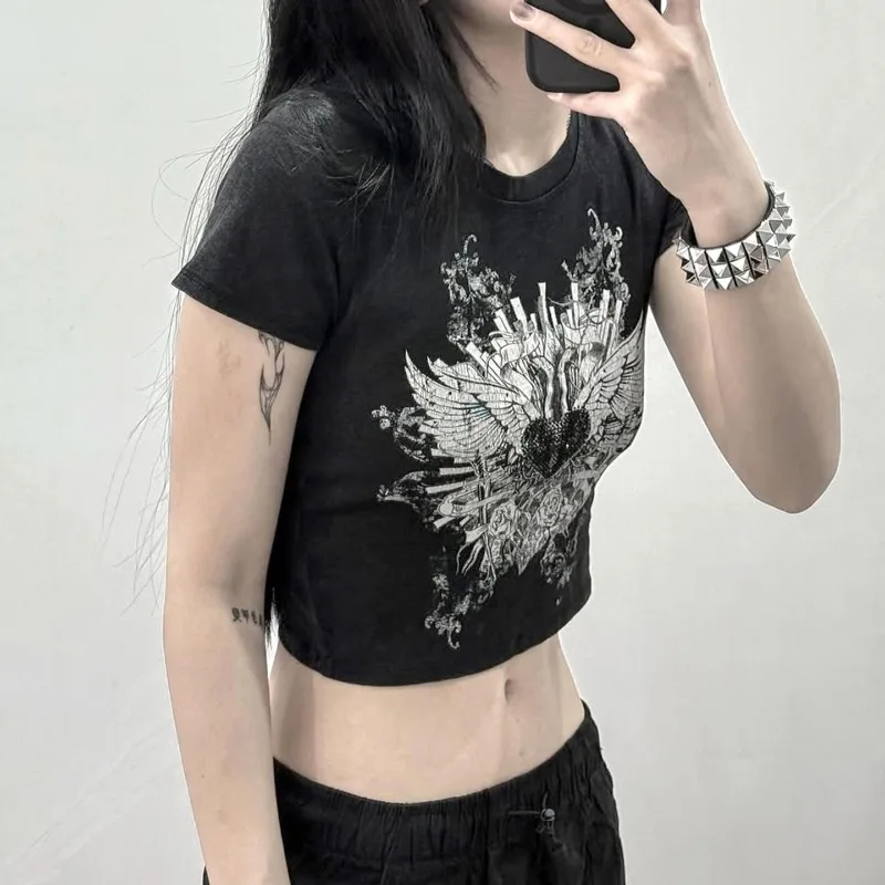 

Kimutomo Crop Tops Women Printing Short Sleeve Slim Sexy T Shirts Grunge Gothic Harajuku Y2k Tee Shirt Female Casual Club