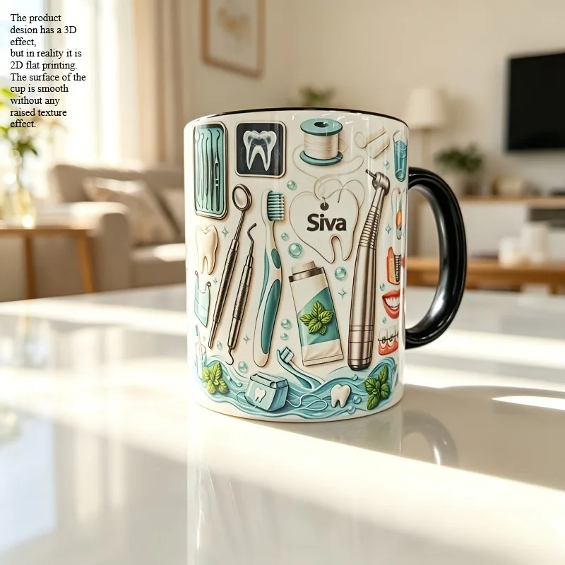 Persoonlijkheidstentoonstellende keramische mok met tandheelkundig instrumentenpatroon, meerkleurige binnenkant, koffie- of theekop, klassiek souvenircadeau voor tandartsen.