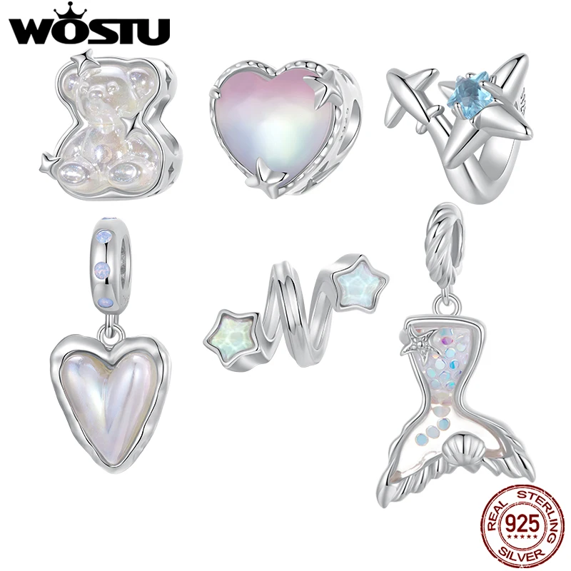 WOSTU 925 Sterling Silver Aurora Butterfly Heart Charm Bear Beads Dreamy Mermaid Star Pendant Fit Original Bracelet DIY Necklace