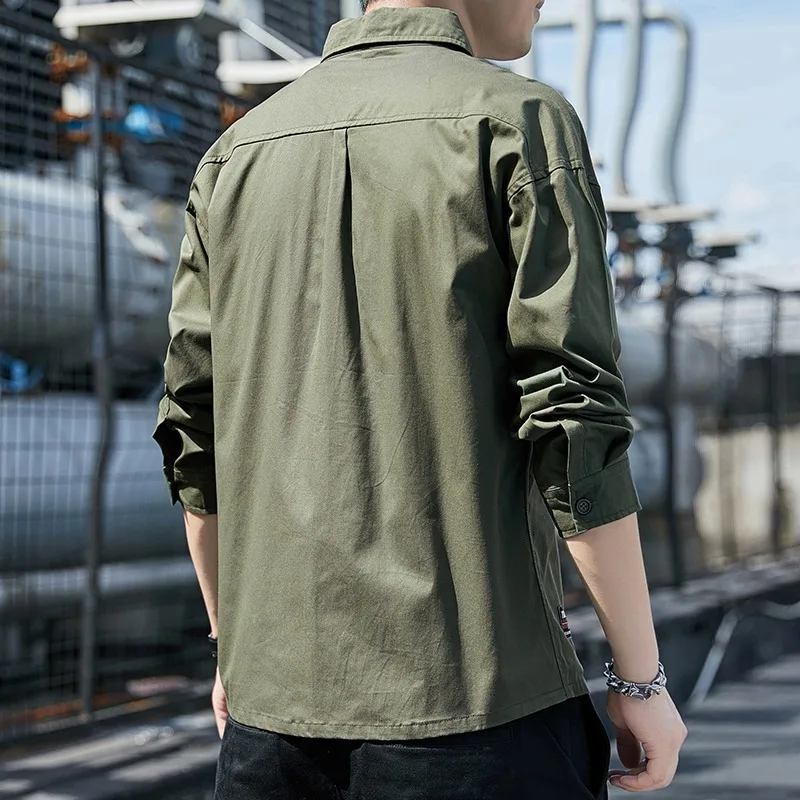 قميص رجالي جديد بجيب مزدوج بأكمام طويلة، ملابس عمل فضفاضة، كاجوال ومتعدد الاستخدامات، سترة برقبة مربعة وسيم وعصري للرجال #2