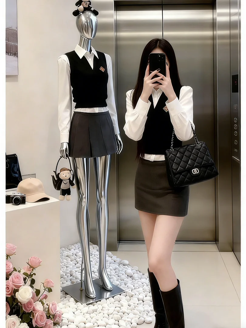 

Early Autumn Korean Sle Age-Defng Women's Faion Set High Waist ort Skirt Long Sve Flip Collar Two-Piece Suit