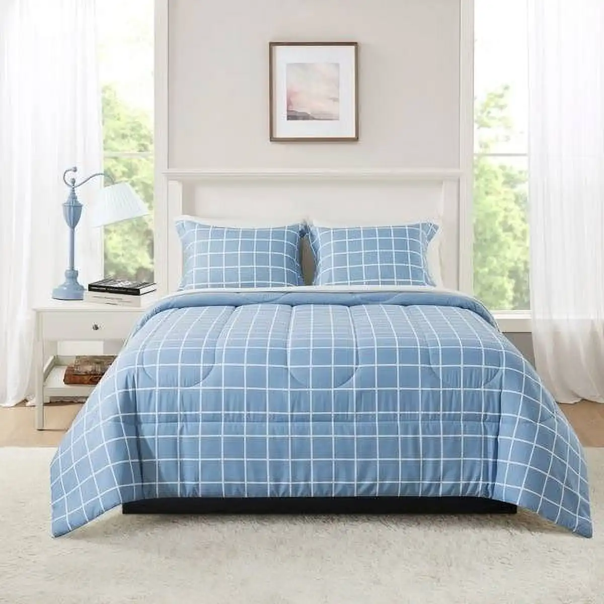 

7 Piece Reversible Bed in a Bag Comforter Set with Sheets, Blue Checker, Full