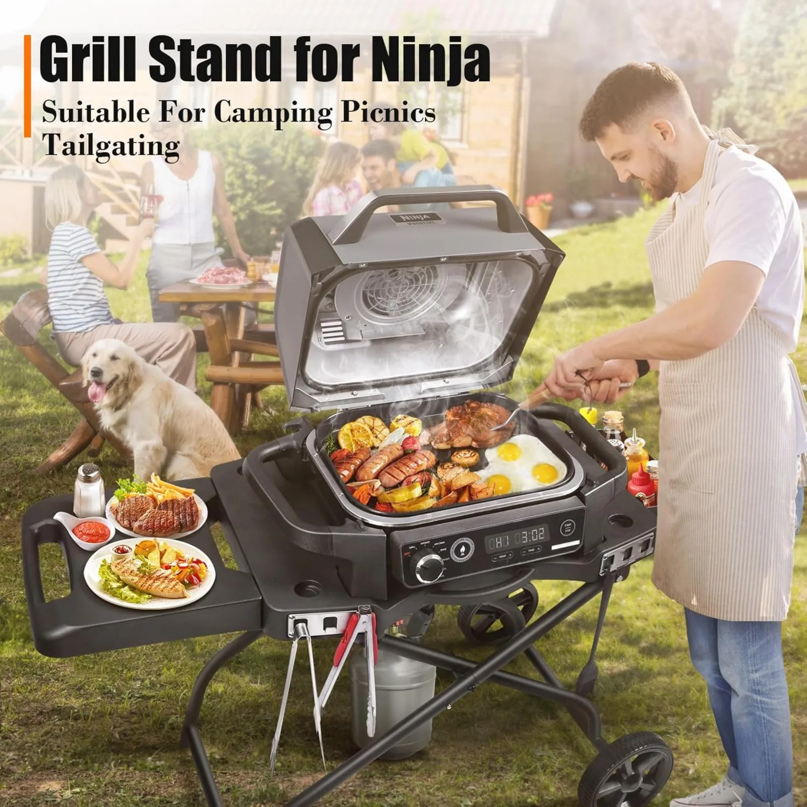 US Grill Stand for Ninja Woodfire Grill,Grill Cart,Collapsible Outdoor Grill Stand Fit for Ninja Woodfire Outdoor Grill(Ninja