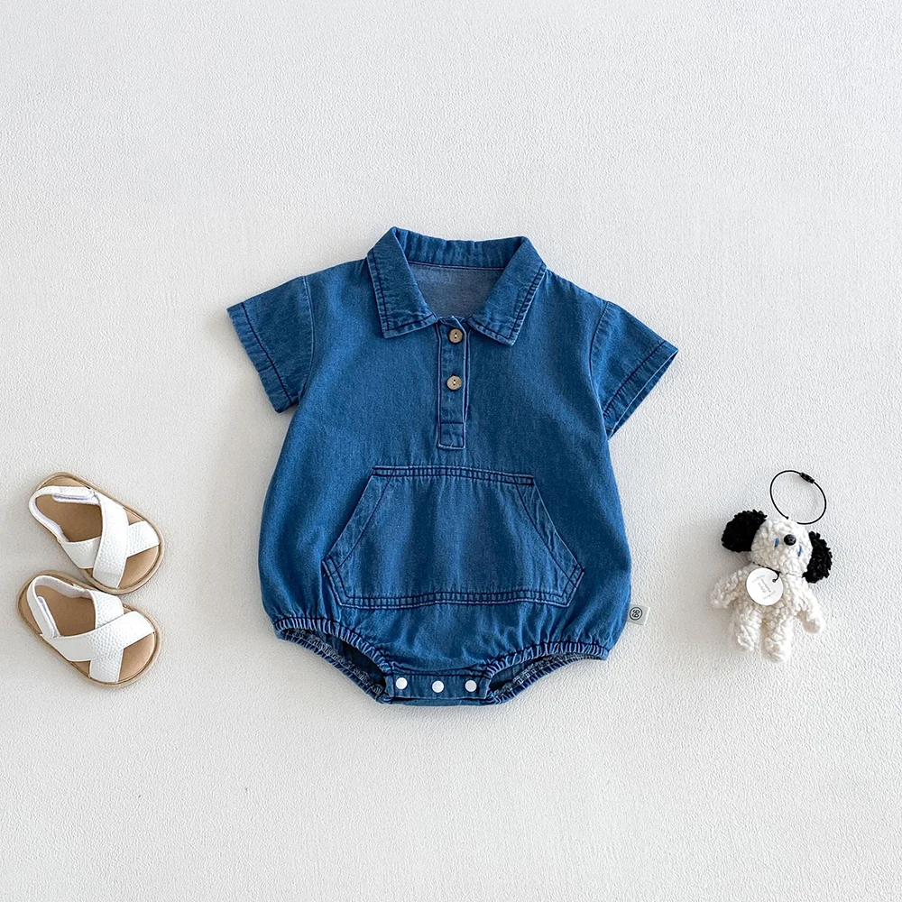 3-24M Summer Baby Bodysuit Soft Ventilate Infant One Piece Cute Solid Color Toddler Girls Cowboy Clothes