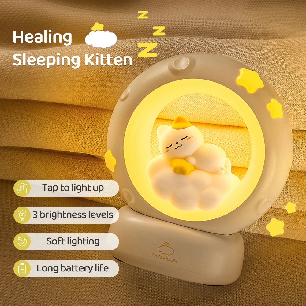 Veilleuse de chat de dessin animé, lumières LED douces, décoration d'escales créatives, ornements pour chambre d'enfant, chargement de chevet, cadeau