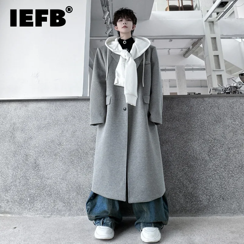 

IEFB Korean Style Men's Woolen Overcoats Detachable Hooded Drawstring Single Breasted Contrast Color Male Long Trench 9C7977