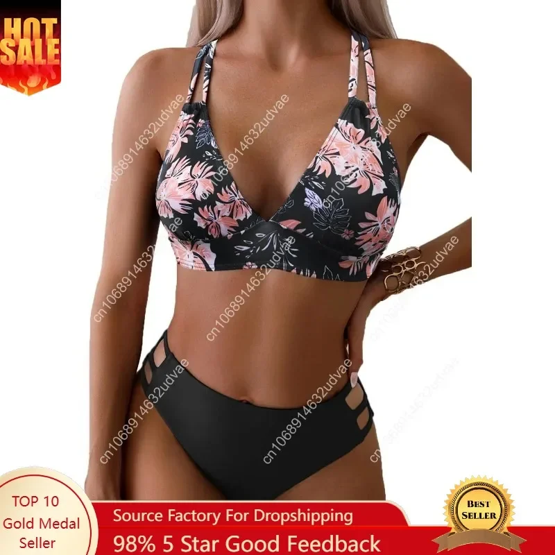 Fanuerg Women's Sexy V Neck Bikini Sets Hollow Out Two Piece Swimsuits Cutout Mid Waist Bathing Suit