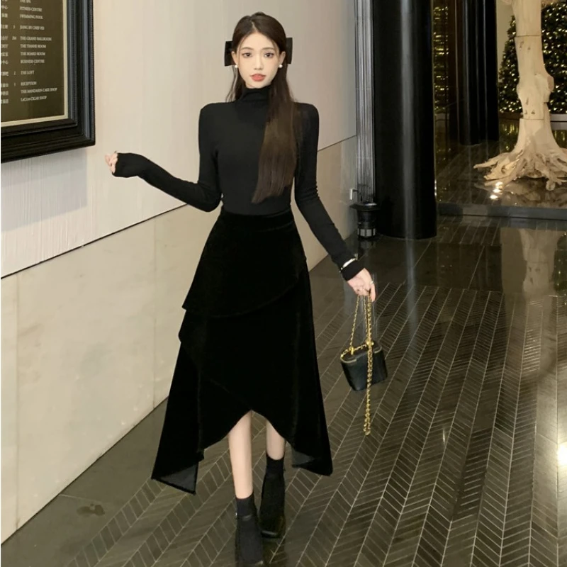 

Women Dress Sets Turtleneck Long Sleeve Solid Color Bottom Tops + Irregular High Waist Versatile Skirt Female Two-piece Set