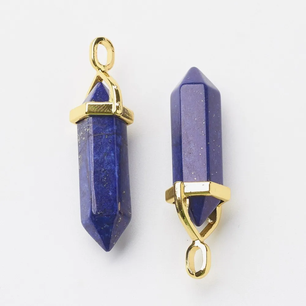 2Pcs Lazuli Double Terminated Pointed Pendants Dyed Pendant Necklace with Random Alloy Pendant Bead Bails Golden Pendants
