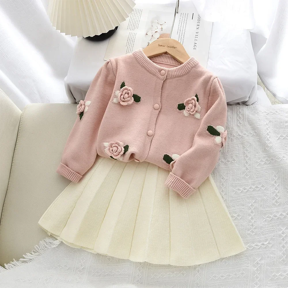 Autumn and Winter New Sweet Princess Girls' Clothes Flower Long Sleeve Knitted Sweater Cardigan+Solid Color Short Skirt Kids Set