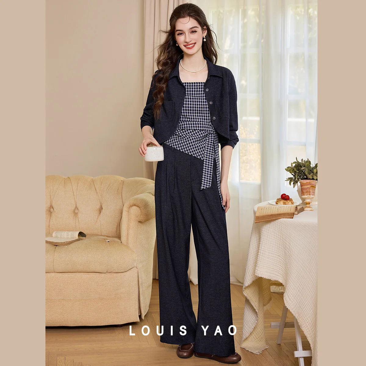 

LOUIS YAO Women's Set 2025 Autumn Stylish Slim Three Piece Set Denim-Like Plaid Vest Collared Jacket and Straight-Leg Pants