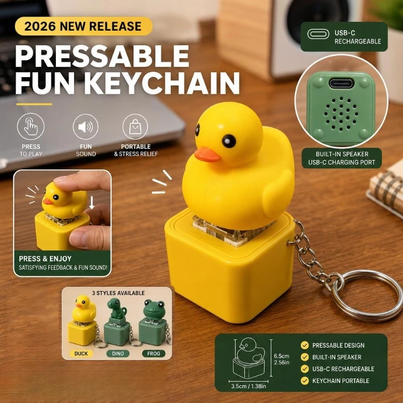 USB Plastic Croaking Frog Duck Keychains with LED Light Fingertip Button Frog Croaking Fidget Funny Keyboard Keyring