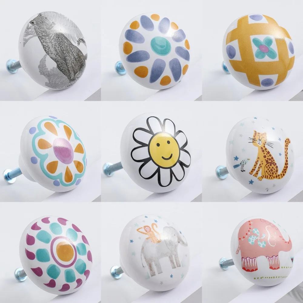Wardrobe Pulls Ceramic Door Handles with Screw Round Animal Furniture Handles Leopard Cupboard Cabinets Drawers Knobs