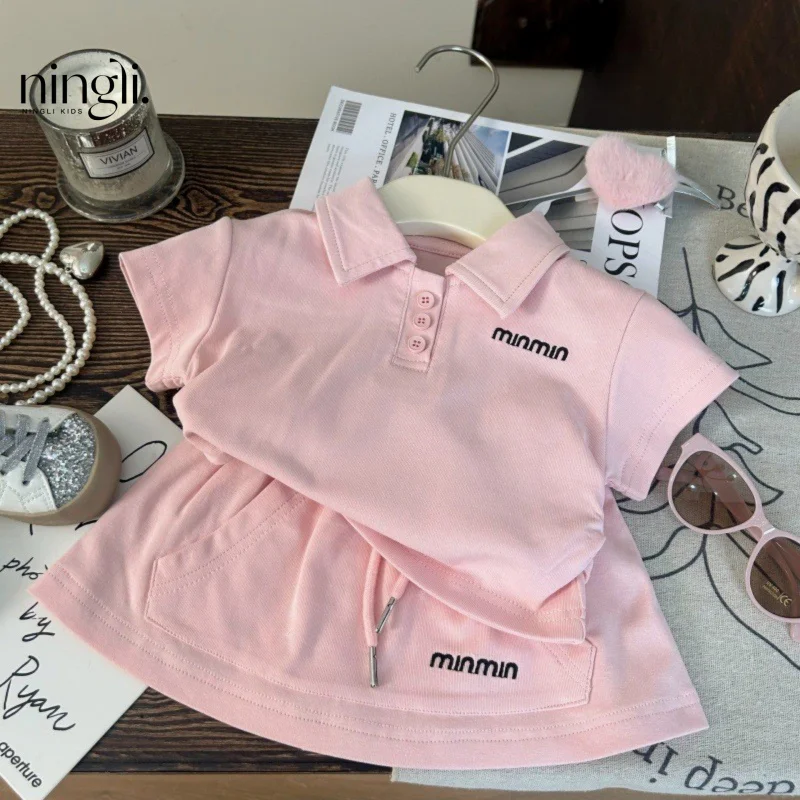 

New Summer Girls' Letter Embroidery Set Children's ClothingpoloCollarTPink Polo Shirt and Skirt Pants Two-Piece Set