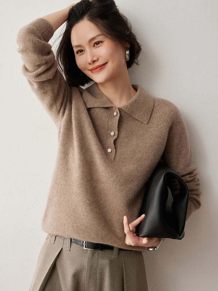 

Autumn Winter Clothing Women's Sweater Pullover 100% Cashmere Sweater Long Sleeve Polo Collar Pullover Office Female Warm Knit