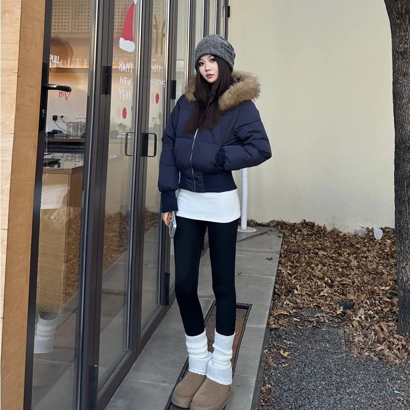 Women Cropped Puffer Jacket with Large Faux Fur Hood Zip Up Short Winter Coat Ladies Warm Padded Bubble Outerwear